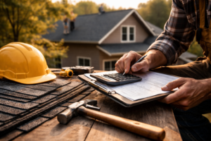 Roofer calculating a roof replacement estimate